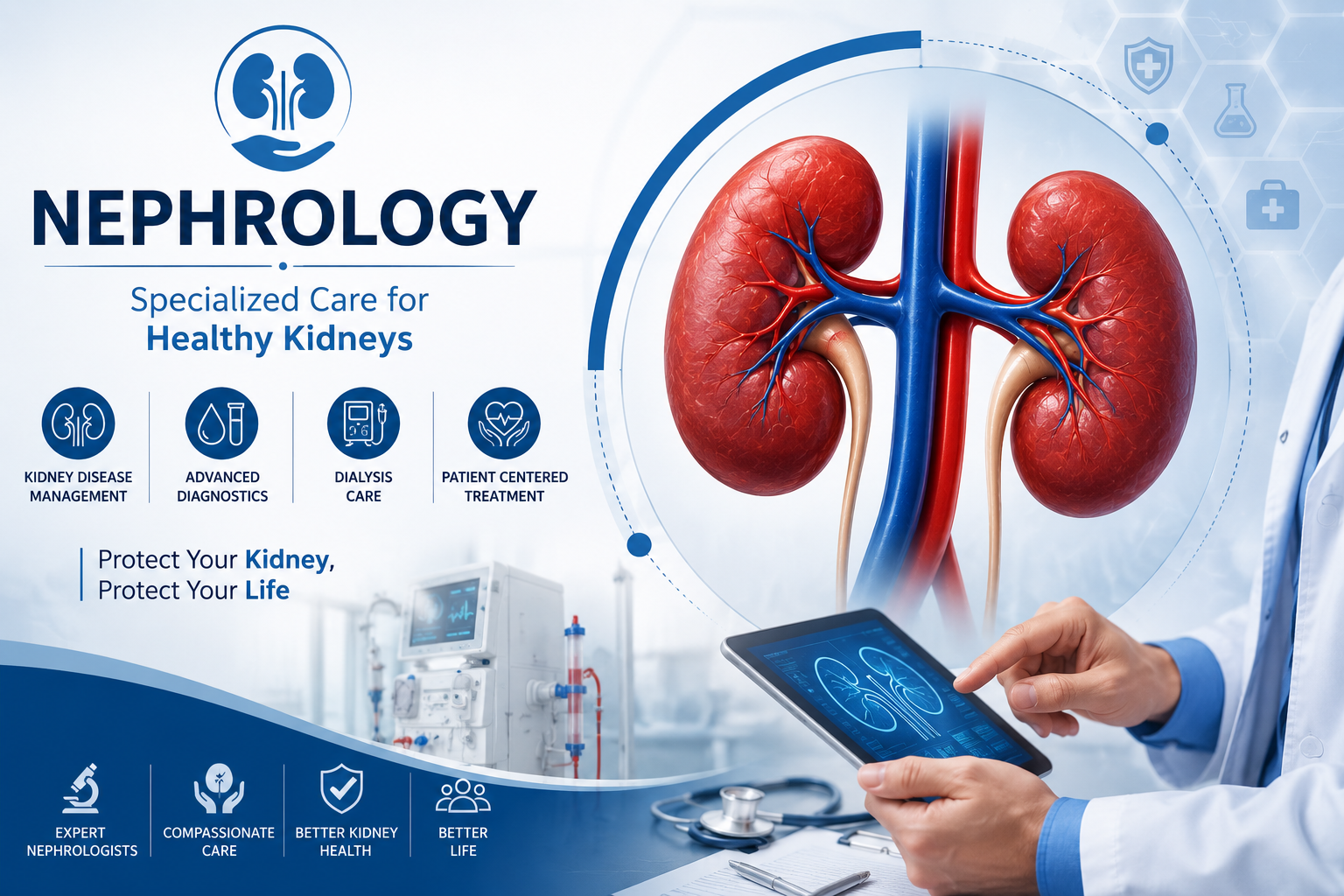 Nephrology graphic with kidney illustration and kidney care highlights