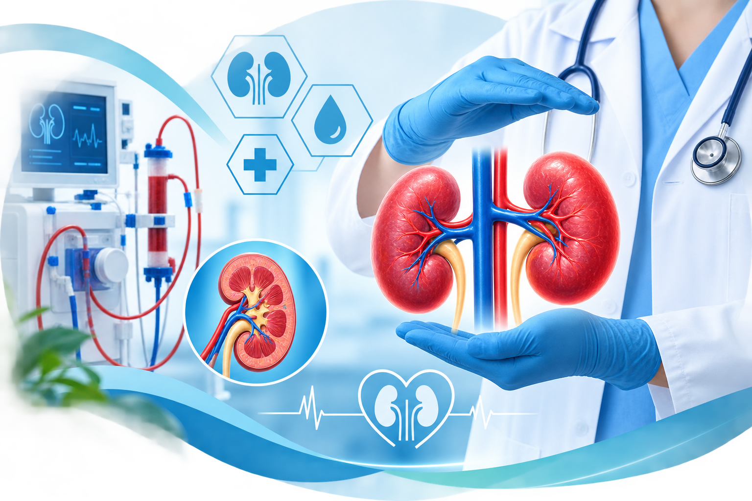 Clinician holding a kidney illustration beside dialysis equipment