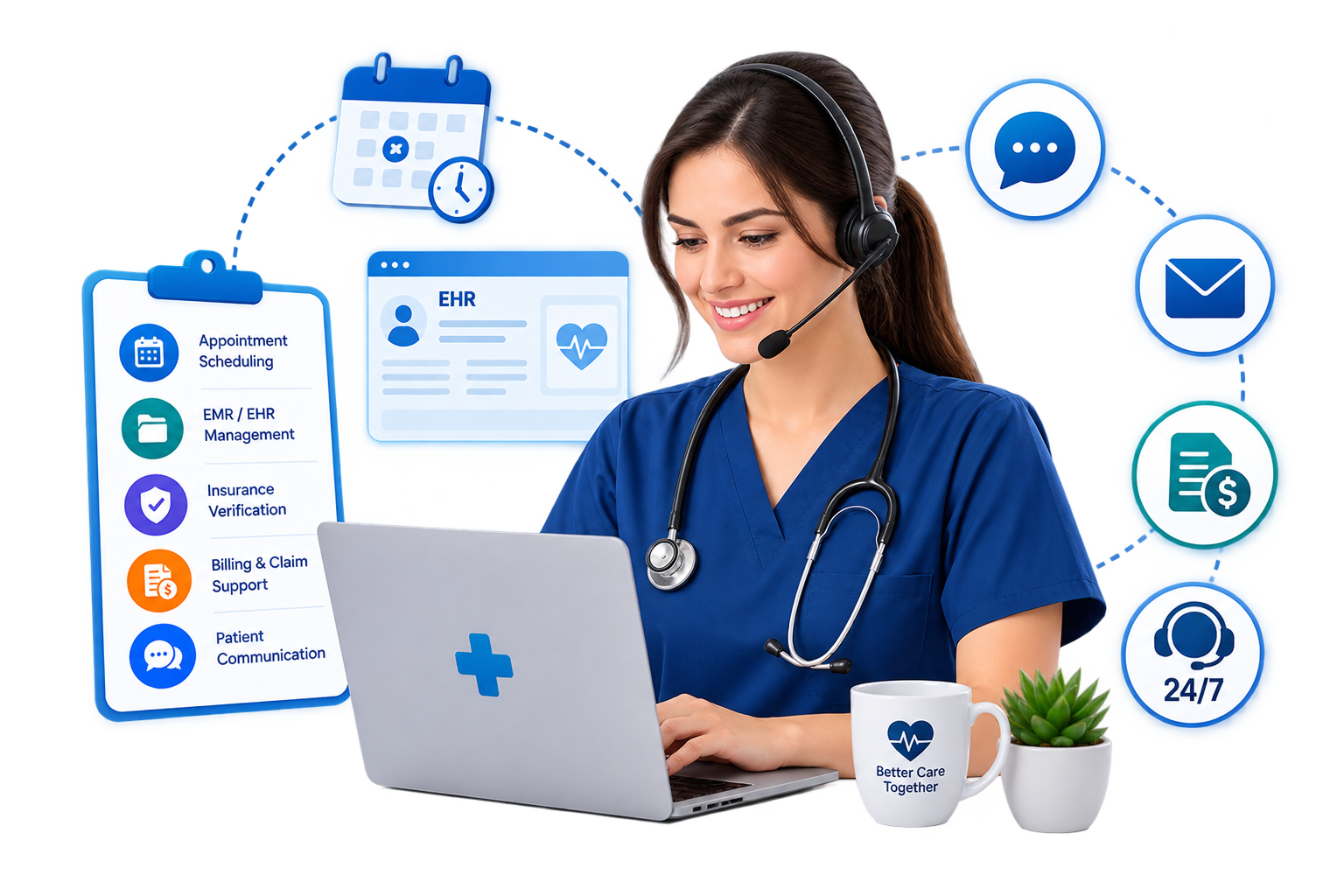 Virtual medical assistant supporting scheduling, records, billing, and patient communication