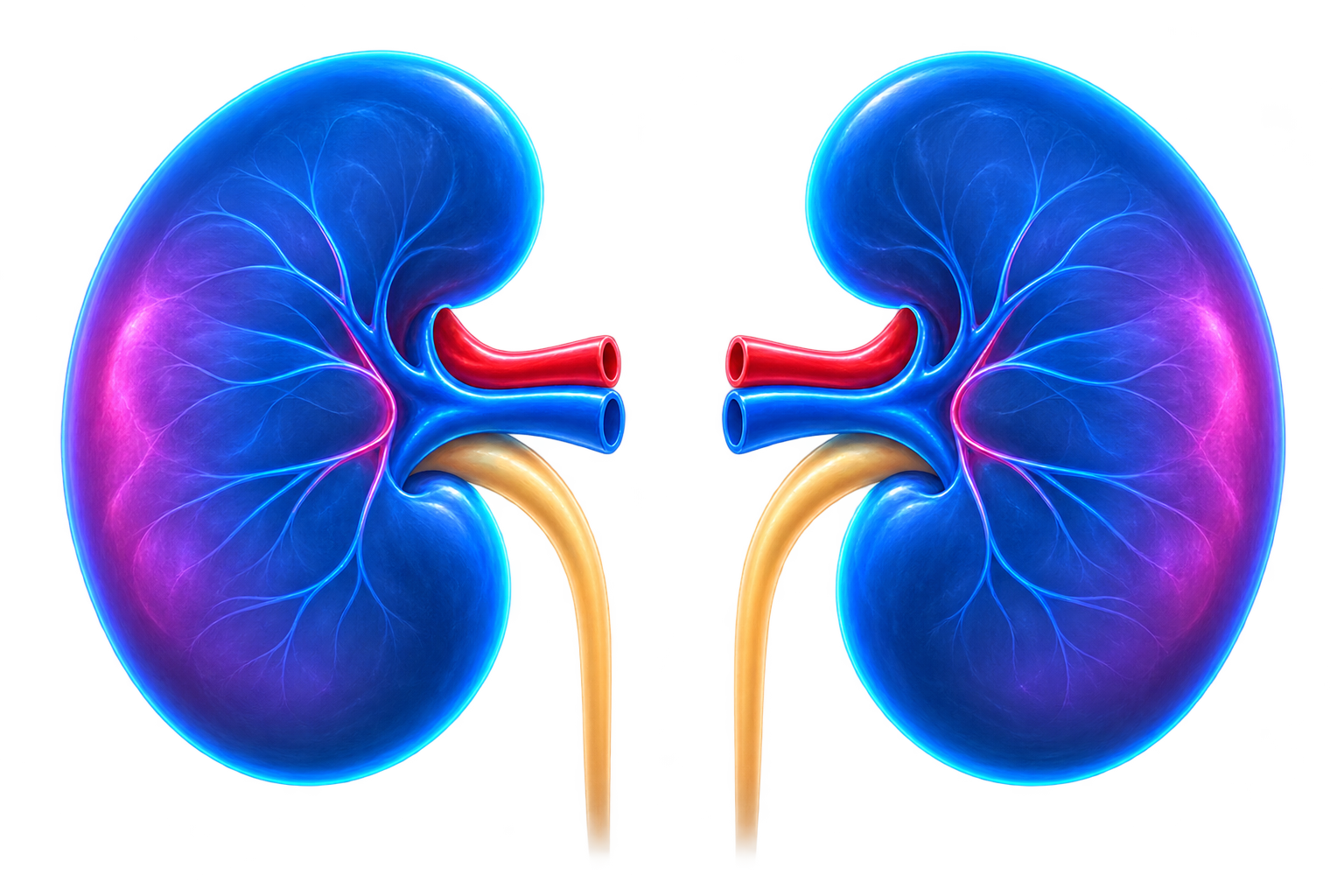 Glowing illustration of paired kidneys on a dark background