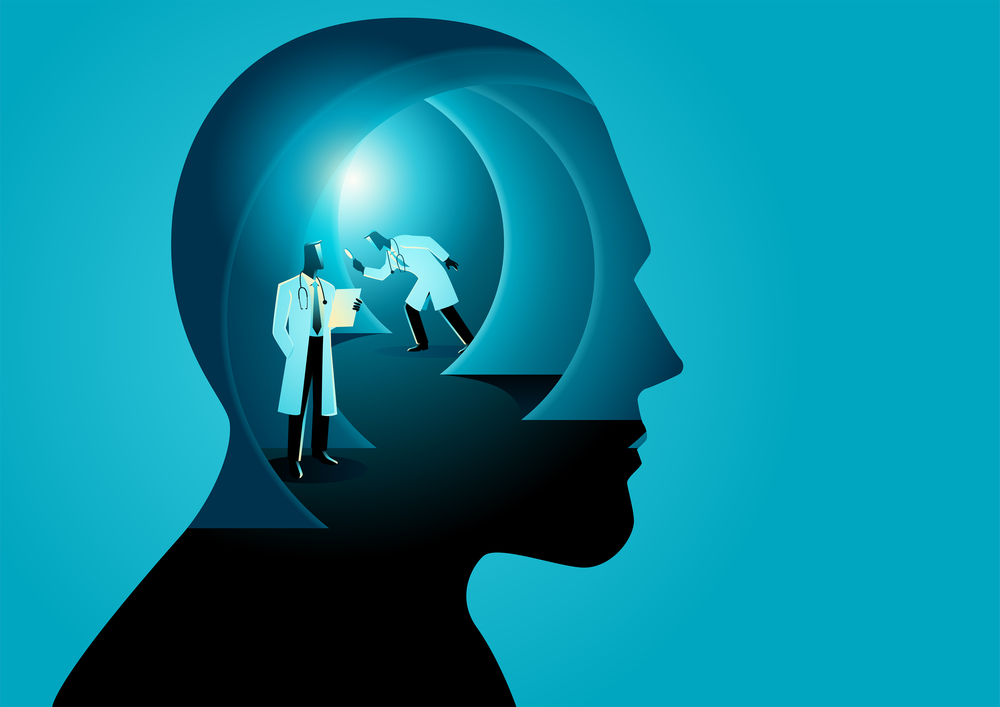 Doctors examining the inner layers of a human mind, representing psychiatric evaluation
