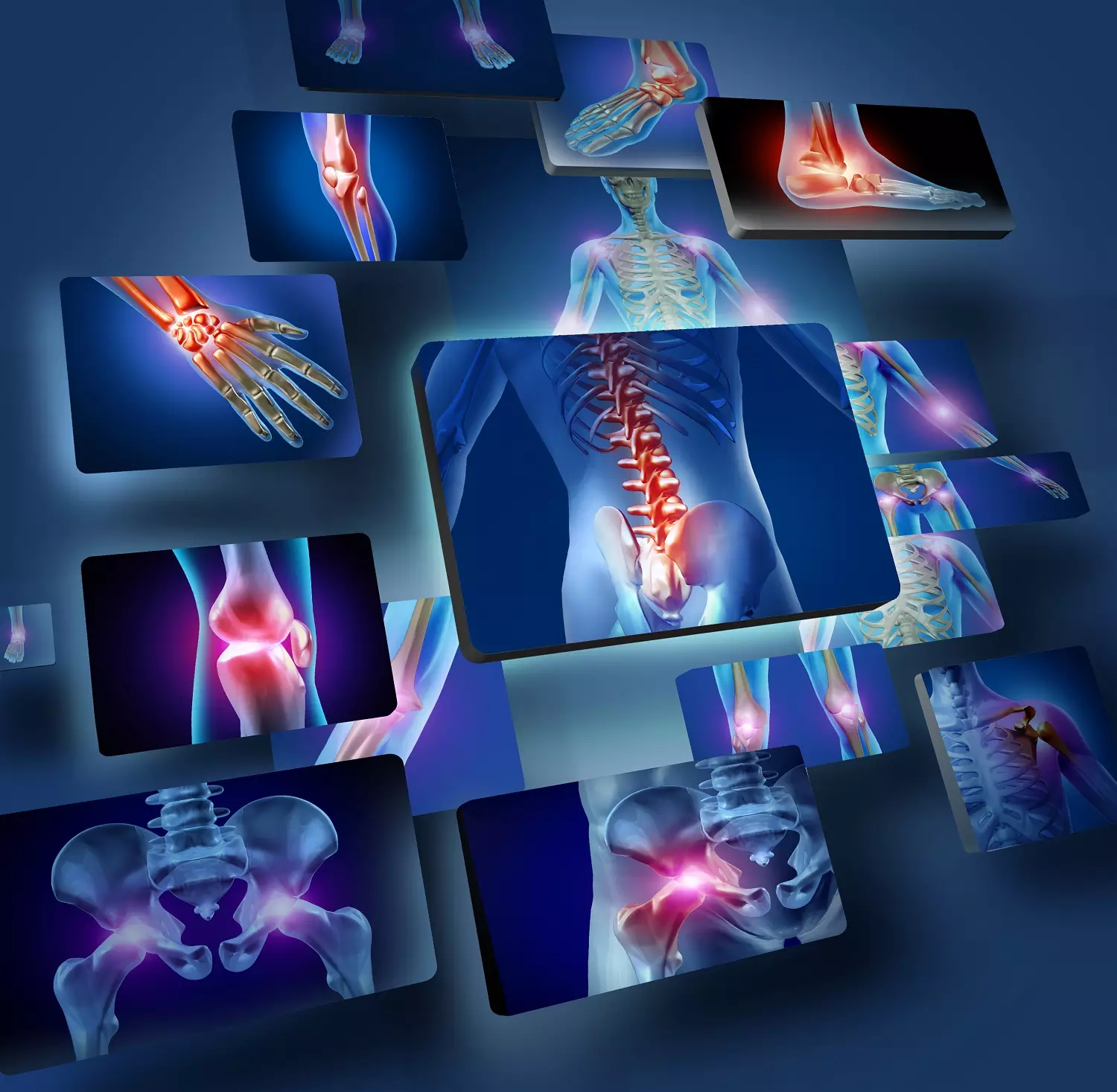 Pain Management 2 Glowing diagnostic tiles showing joints and spine with pain points highlighted