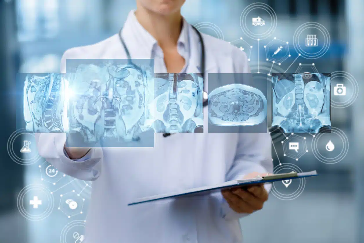 Clinician reviewing interconnected organ systems on a digital internal medicine interface